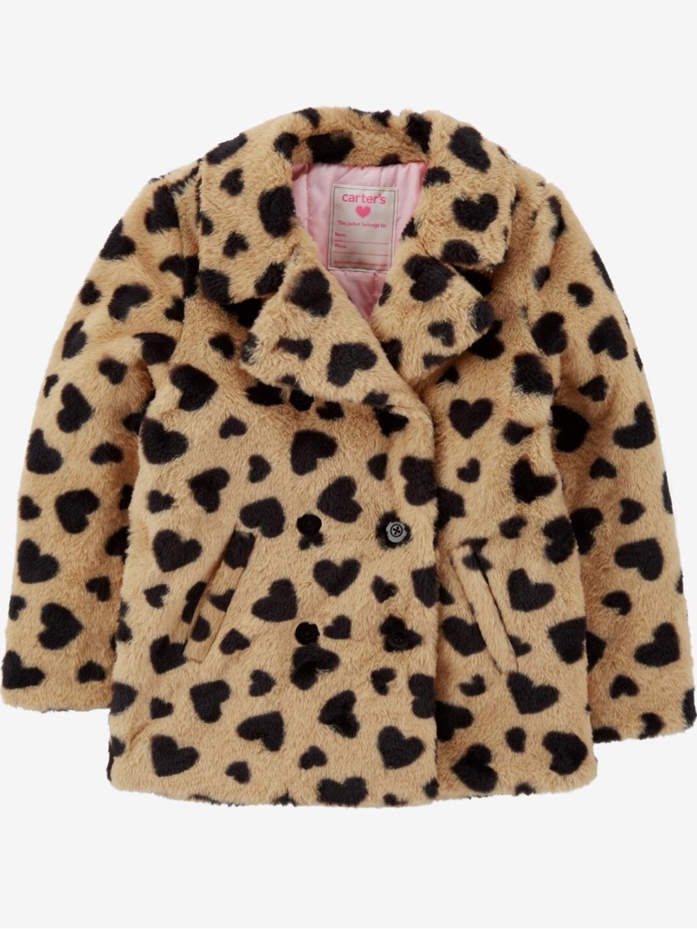 NWT Carter's Faux Fur Heart Print Pea Coat - Tan & Black